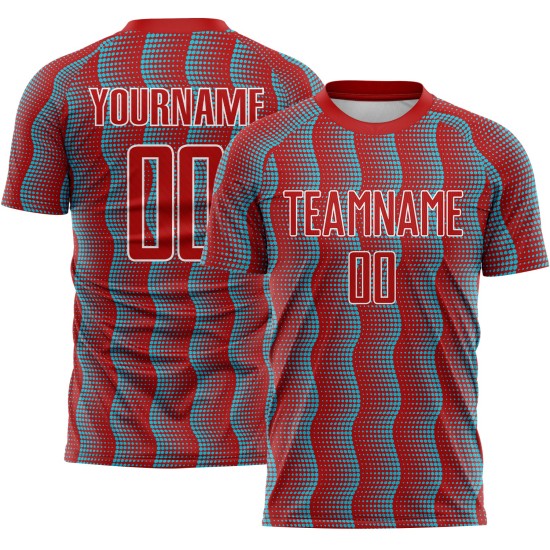 Benutzerdefinierte Red Lakes Blau-Weiß Geometrische Form Sublimation Fußball Uniform Trikot Benutzerdefinierte Red Lakes Blau-Weiß Geometrische Form Sublimation Fußball Uniform Trikot