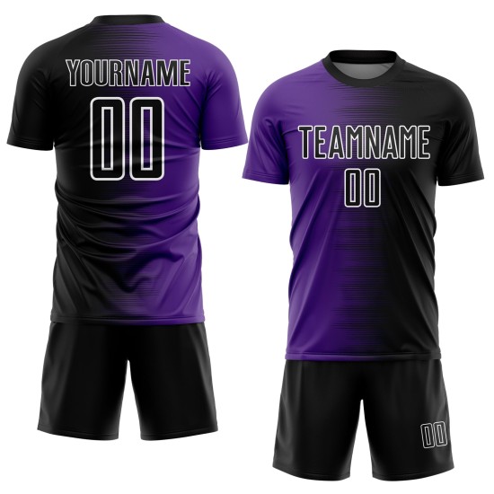 Benutzerdefinierte schwarz lila-weiß Gradienten Linie Sublimation Fußball Uniform Trikot Benutzerdefinierte schwarz lila-weiß Gradienten Linie Sublimation Fußball Uniform Trikot
