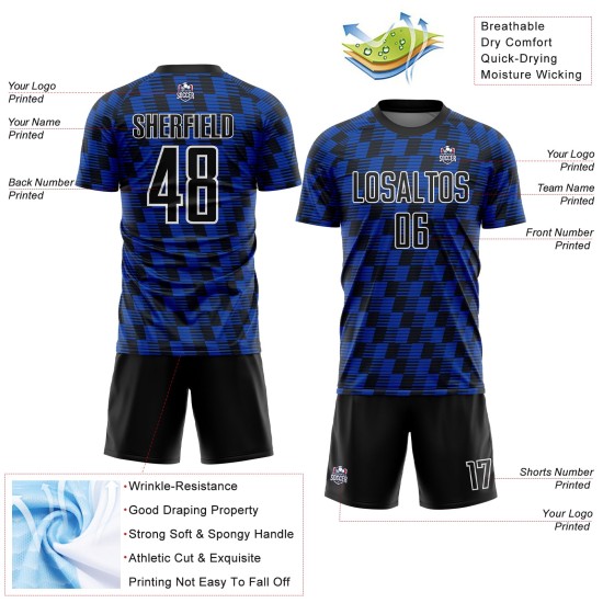 Benutzerdefiniertes Sublimations-Fußballtrikot mit der Linie „Black Thunder Blue-White“ Benutzerdefiniertes Sublimations-Fußballtrikot mit der Linie „Black Thunder Blue-White“