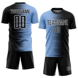 Benutzerdefinierte schwarz hellblau-weiß Gradientenlinie Sublimation Fußballuniform Trikot Benutzerdefinierte schwarz hellblau-weiß Gradientenlinie Sublimation Fußballuniform Trikot