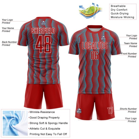 Benutzerdefinierte Red Lakes Blau-Weiß Geometrische Form Sublimation Fußball Uniform Trikot Benutzerdefinierte Red Lakes Blau-Weiß Geometrische Form Sublimation Fußball Uniform Trikot