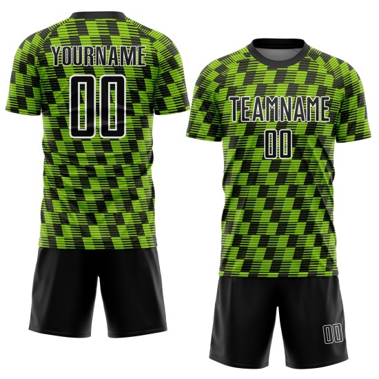 Benutzerdefiniertes schwarz-neongrün-weißes Sublimations-Fußballtrikot Benutzerdefiniertes schwarz-neongrün-weißes Sublimations-Fußballtrikot