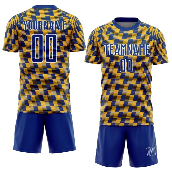 Benutzerdefiniertes Fußballtrikot mit Sublimationsdruck in Royal Gold und Weiß Benutzerdefiniertes Fußballtrikot mit Sublimationsdruck in Royal Gold und Weiß