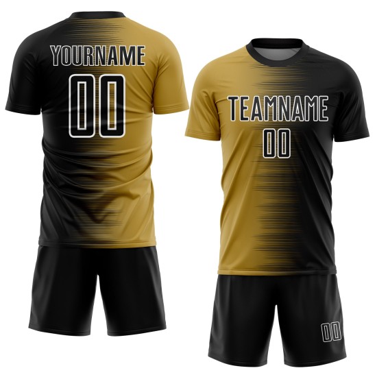 Benutzerdefinierte schwarz alt gold-weiß Gradienten Linie Sublimation Fußball Uniform Trikot Benutzerdefinierte schwarz alt gold-weiß Gradienten Linie Sublimation Fußball Uniform Trikot