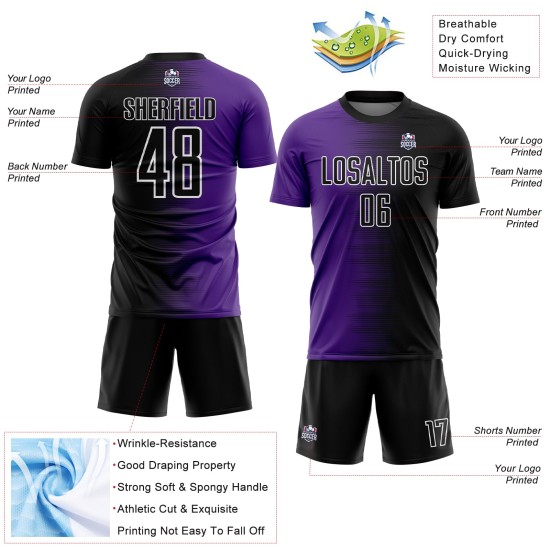 Benutzerdefinierte schwarz lila-weiß Gradienten Linie Sublimation Fußball Uniform Trikot Benutzerdefinierte schwarz lila-weiß Gradienten Linie Sublimation Fußball Uniform Trikot