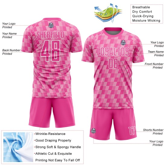 Benutzerdefiniertes rosa hellrosa-weißes Sublimations-Fußballtrikot Benutzerdefiniertes rosa hellrosa-weißes Sublimations-Fußballtrikot