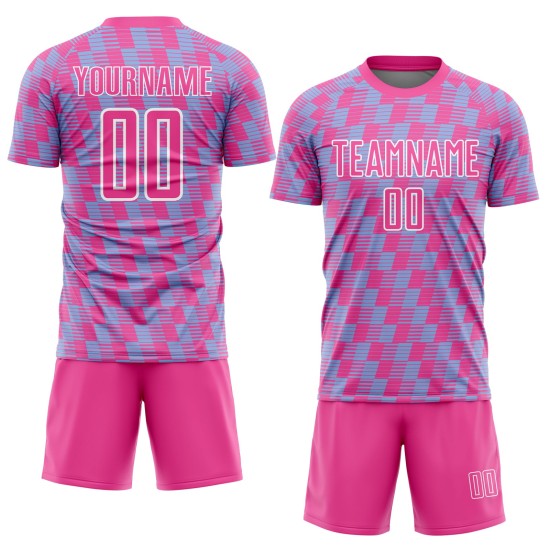 Benutzerdefiniertes rosa hellblau-weißes Sublimations-Fußballtrikot Benutzerdefiniertes rosa hellblau-weißes Sublimations-Fußballtrikot