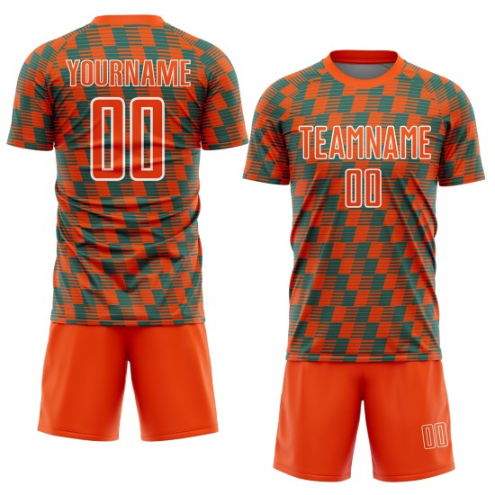 Benutzerdefiniertes orange-blaugrün-weißes Sublimations-Fußballtrikot Benutzerdefiniertes orange-blaugrün-weißes Sublimations-Fußballtrikot