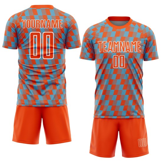 Benutzerdefiniertes orange-himmelblau-weißes Sublimations-Fußballtrikot Benutzerdefiniertes orange-himmelblau-weißes Sublimations-Fußballtrikot