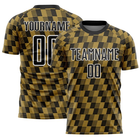 Benutzerdefiniertes Sublimations-Fußballtrikot in Schwarz mit alter Gold-Weiß-Linie Benutzerdefiniertes Sublimations-Fußballtrikot in Schwarz mit alter Gold-Weiß-Linie