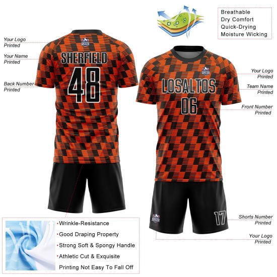 Benutzerdefiniertes schwarz-orange-weißes Sublimations-Fußballtrikot Benutzerdefiniertes schwarz-orange-weißes Sublimations-Fußballtrikot