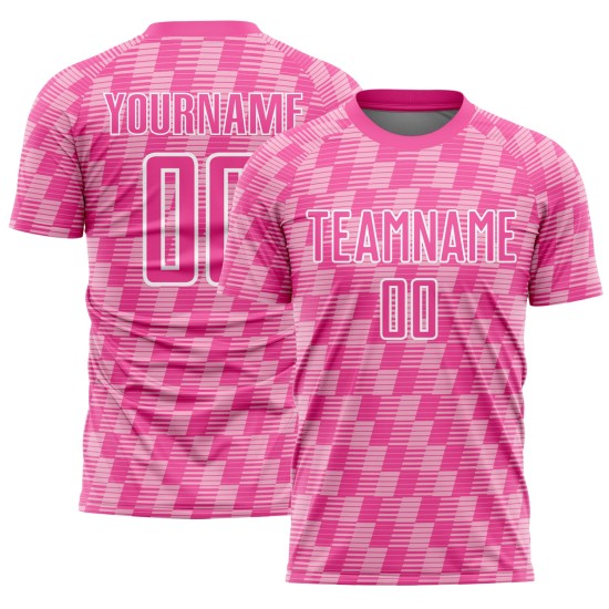 Benutzerdefiniertes rosa hellrosa-weißes Sublimations-Fußballtrikot Benutzerdefiniertes rosa hellrosa-weißes Sublimations-Fußballtrikot