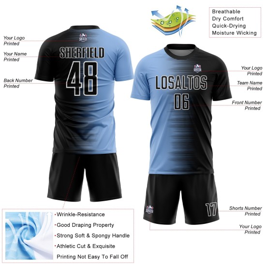 Benutzerdefinierte schwarz hellblau-weiß Gradientenlinie Sublimation Fußballuniform Trikot Benutzerdefinierte schwarz hellblau-weiß Gradientenlinie Sublimation Fußballuniform Trikot
