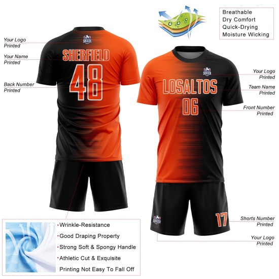 Benutzerdefinierte schwarz orange-weiß Gradientenlinie Sublimation Fußballuniform Trikot Benutzerdefinierte schwarz orange-weiß Gradientenlinie Sublimation Fußballuniform Trikot
