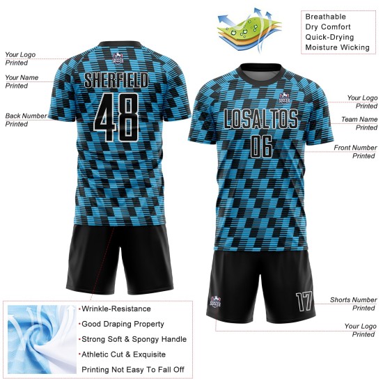 Benutzerdefiniertes Sublimations-Fußballtrikot in Schwarz, Himmelblau und Weiß Benutzerdefiniertes Sublimations-Fußballtrikot in Schwarz, Himmelblau und Weiß