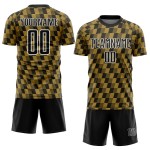 Benutzerdefiniertes Sublimations-Fußballtrikot in Schwarz mit alter Gold-Weiß-Linie Benutzerdefiniertes Sublimations-Fußballtrikot in Schwarz mit alter Gold-Weiß-Linie