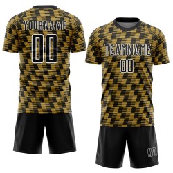 Benutzerdefiniertes Sublimations-Fußballtrikot in Schwarz mit alter Gold-Weiß-Linie Benutzerdefiniertes Sublimations-Fußballtrikot in Schwarz mit alter Gold-Weiß-Linie