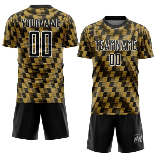Benutzerdefiniertes Sublimations-Fußballtrikot in Schwarz mit alter Gold-Weiß-Linie Benutzerdefiniertes Sublimations-Fußballtrikot in Schwarz mit alter Gold-Weiß-Linie