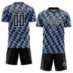 Benutzerdefiniertes schwarz-hellblau-weißes Sublimations-Fußballtrikot Benutzerdefiniertes schwarz-hellblau-weißes Sublimations-Fußballtrikot