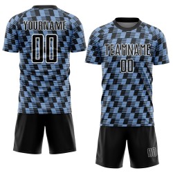 Benutzerdefiniertes schwarz-hellblau-weißes Sublimations-Fußballtrikot Benutzerdefiniertes schwarz-hellblau-weißes Sublimations-Fußballtrikot