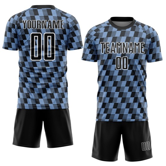 Benutzerdefiniertes schwarz-hellblau-weißes Sublimations-Fußballtrikot Benutzerdefiniertes schwarz-hellblau-weißes Sublimations-Fußballtrikot