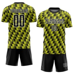Benutzerdefiniertes Sublimations-Fußballtrikot in Schwarz und Neongelb mit weißer Linie Benutzerdefiniertes Sublimations-Fußballtrikot in Schwarz und Neongelb mit weißer Linie