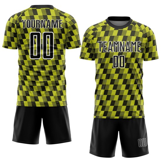 Benutzerdefiniertes Sublimations-Fußballtrikot in Schwarz und Neongelb mit weißer Linie Benutzerdefiniertes Sublimations-Fußballtrikot in Schwarz und Neongelb mit weißer Linie