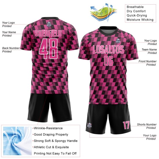 Benutzerdefiniertes schwarz-rosa-weißes Sublimations-Fußballtrikot Benutzerdefiniertes schwarz-rosa-weißes Sublimations-Fußballtrikot