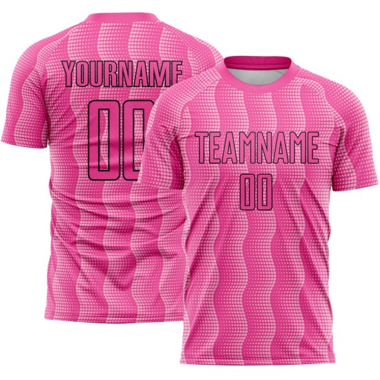 Benutzerdefiniertes rosa hellrosa-schwarzes geometrisches Sublimations-Fußballuniformtrikot
