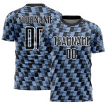 Benutzerdefiniertes schwarz-hellblau-weißes Sublimations-Fußballtrikot Benutzerdefiniertes schwarz-hellblau-weißes Sublimations-Fußballtrikot