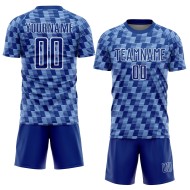 Benutzerdefiniertes Fußballtrikot mit Sublimationsdruck in Königsblau und Weiß Benutzerdefiniertes Fußballtrikot mit Sublimationsdruck in Königsblau und Weiß