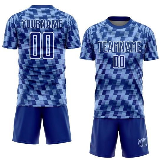 Benutzerdefiniertes Fußballtrikot mit Sublimationsdruck in Königsblau und Weiß Benutzerdefiniertes Fußballtrikot mit Sublimationsdruck in Königsblau und Weiß